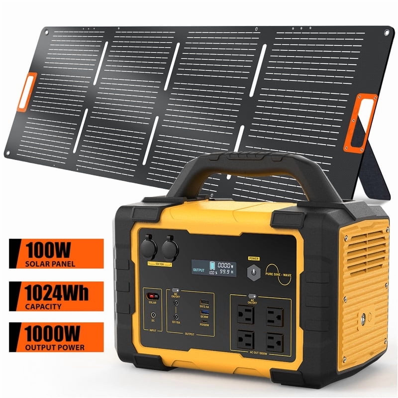 1000W Portable Solar Generator, 1024Wh LiFePO4 Battery Power Station with 100W Solar Panel, USB-C Power Bank for for Camping, Outdoor Travel, RV, and Home Emergency-Yellow
