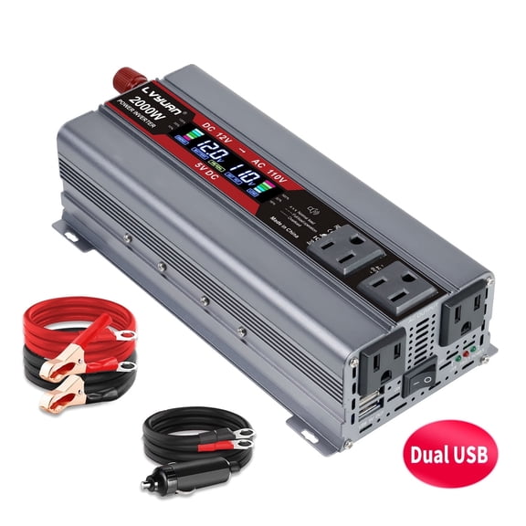 1000W 2000W Modified Sine Wave Power Inverter DC 12V to AC 110V Car Inverter Converter with 4 AC Outlets & Dual USB Ports, LCD Display for RV, Camping, Travel, Home Backup Silver