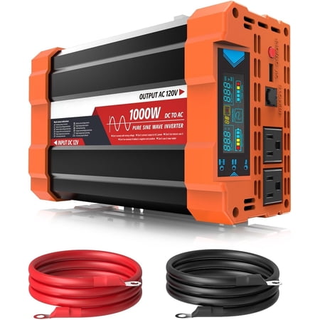 1000Watt Pure Sine Wave Inverter 12V DC to 120V AC for RV, , Off-Grid Solar Power Inverter 12V to 110V Converter with Dual AC Socket and 5V 2.1A , Intelligent LCD, 2000W