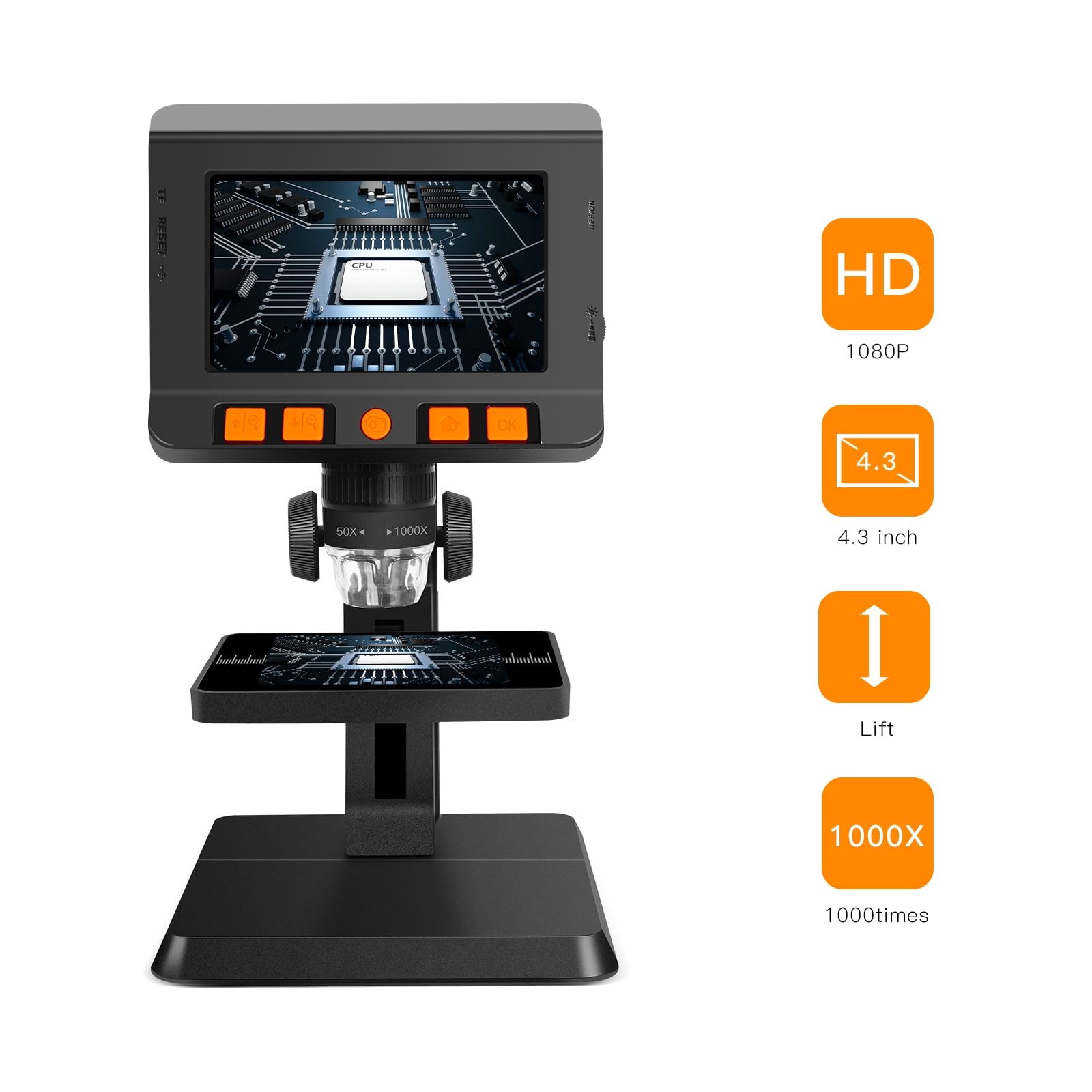 1000x Ruler Microscope 1000X Analog Microscope with 4.3-Inch Screen, 8 Adjustable LED Lights ...