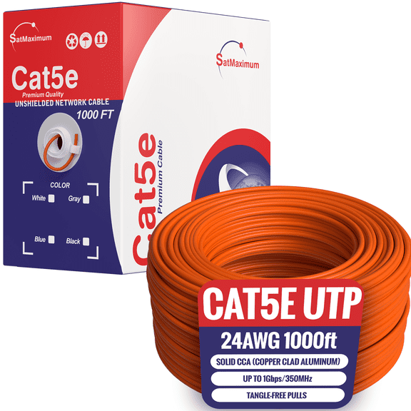 1000ft Cat5e Solid 24AWG Ethernet Network Cable – UTP Unshielded Bulk LAN Copper Clad Aluminum Wire Pull Box for Internet, Router, Switch, PC, Orange
