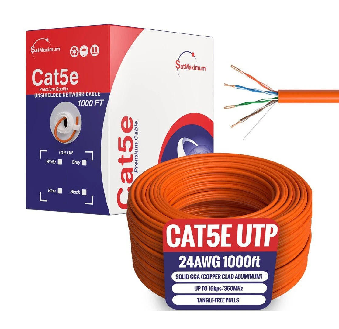 Cat5e Ethernet Cable 1000ft Bulk Pull Box, Solid 24AWG UTP LAN Network Wire, Copper Clad Aluminum (CCA), Orange, Cables Direct Online
