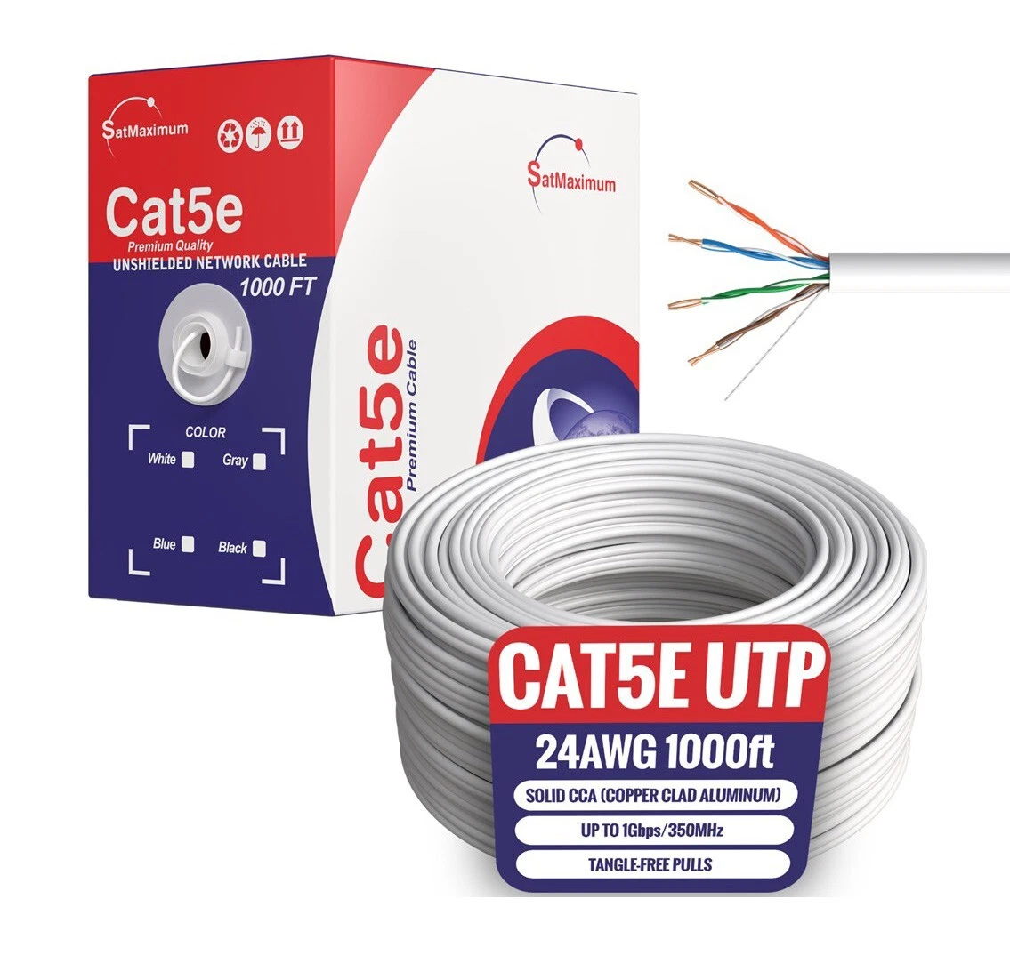 Cat5e Ethernet Cable 1000ft Bulk Pull Box, Solid 24AWG UTP LAN Network Wire, Copper Clad Aluminum (CCA), White, Cables Direct Online