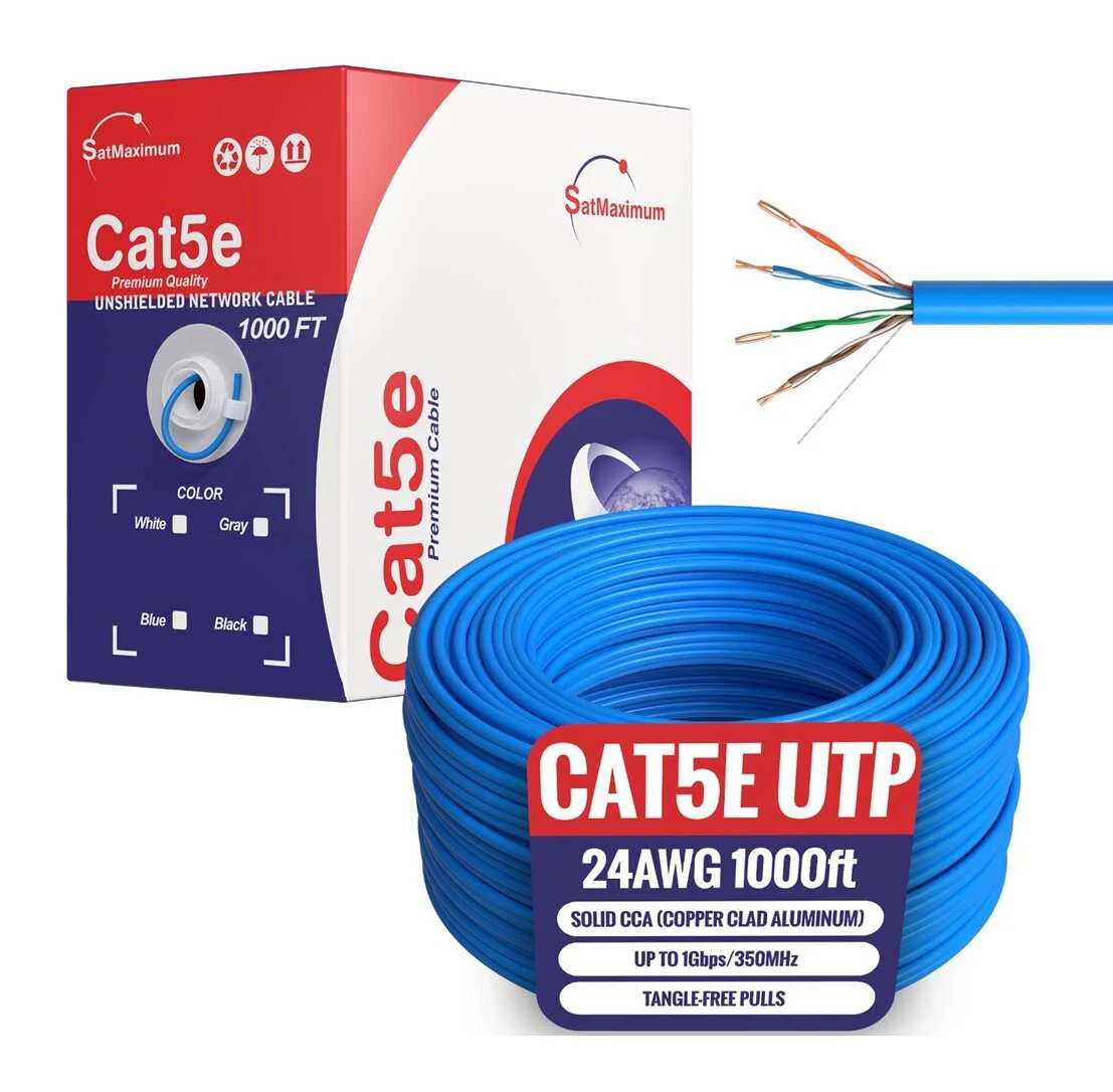 Cat5e Ethernet Cable 1000ft Bulk Pull Box, Solid 24AWG UTP LAN Network Wire, Copper Clad Aluminum (CCA), Blue, Cables Direct Online