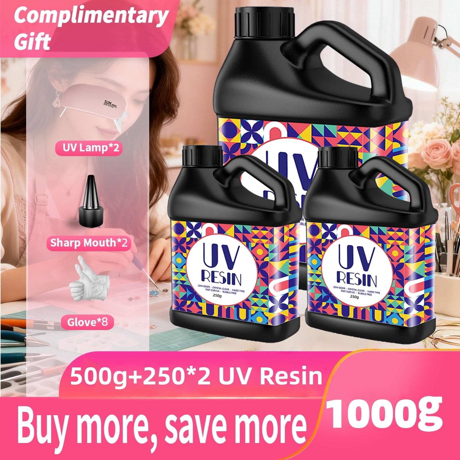 1000g Fast Curing UV Resin Kit Crystal Clear Odorless Low Viscosity High Gloss for Jewelry, Crafts, Casting & Coating