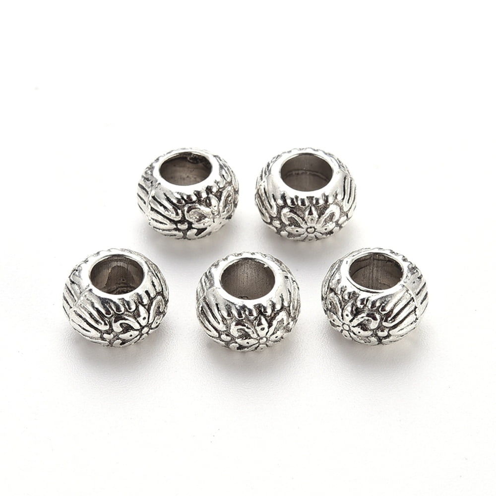 1000gs style Alloy European Beads Large Hole Beads Cadmium Free & Lead Free Rondelle with Flower Antique Silver 9.5x6mm Hole: 4.5mm about 650pcs/1000g