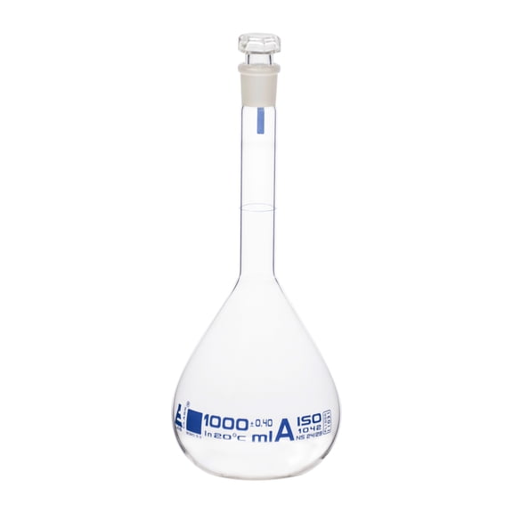 1000mL Class A Volumetric Flask, 24/29 Socket, Hexagonal Hollow Stopper, Borosilicate Glass, ISO 1042 Certified, Blue Printing - Accurate Solution Preparation, Chemical Analysis, and Titration