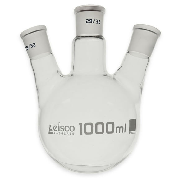 1000mL Distilling Flask with 3 Angled Necks, Round Bottom, 29/32 Ground Glass Joints - Borosilicate Glass, Multi-Neck Flask for Distillation, Reflux, Vacuum, and Chemical Synthesis Applications