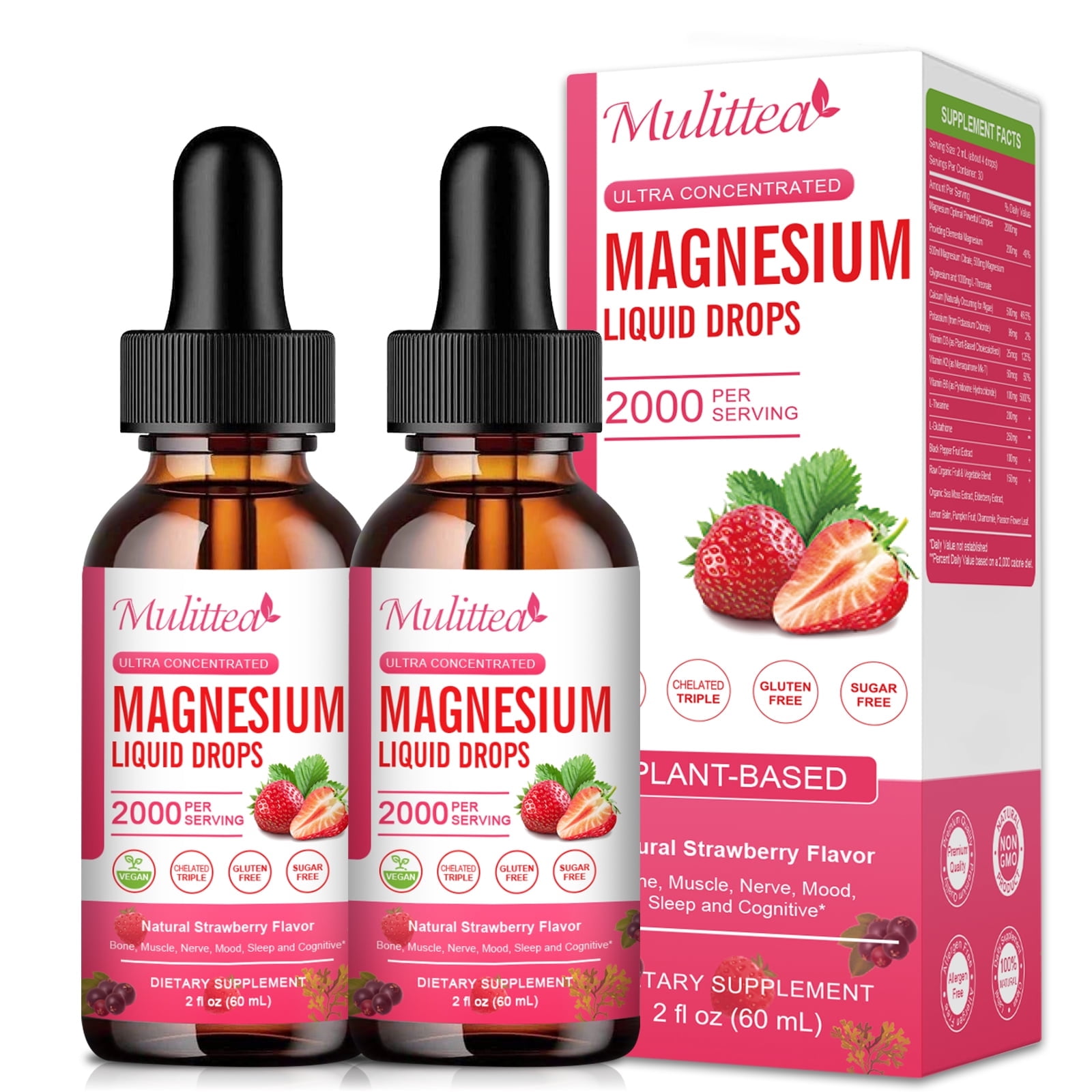 1000mg Magnesium Glycinate Liquid Drop with High Potency Magnesium 500 Glycinate & 500mg Citrate, Sugar Free, Strawberry Flavor，Pack of 2