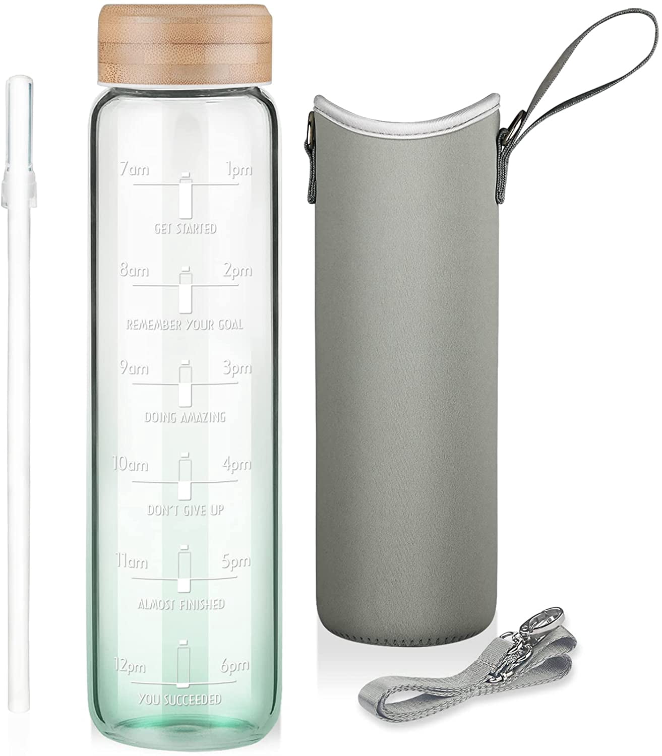 1000ml 1 Litre Glass Water Bottle Straw Time Marker Gradient Green Sleeve