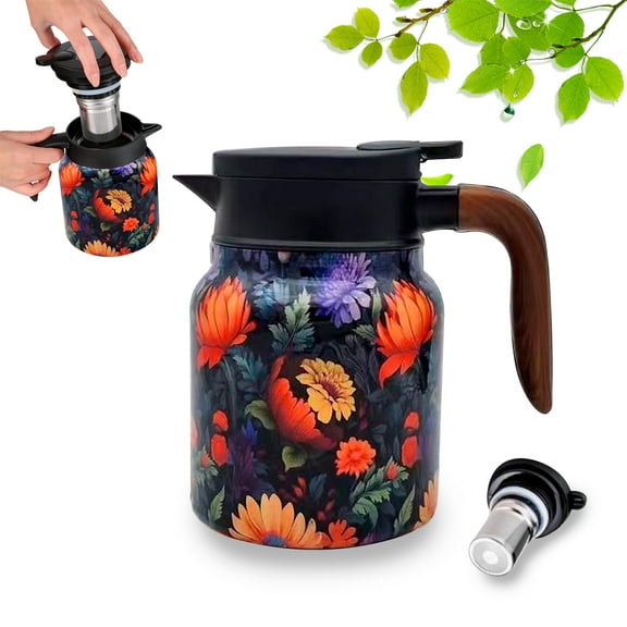 1000ml 316 Stainless Steel Vintage Floral Tea Pot with Removable Infuser & Lid, Thermal Carafe for Hot & Cold Drinks, Elegant Tea Kettle for Home & Office（orange）