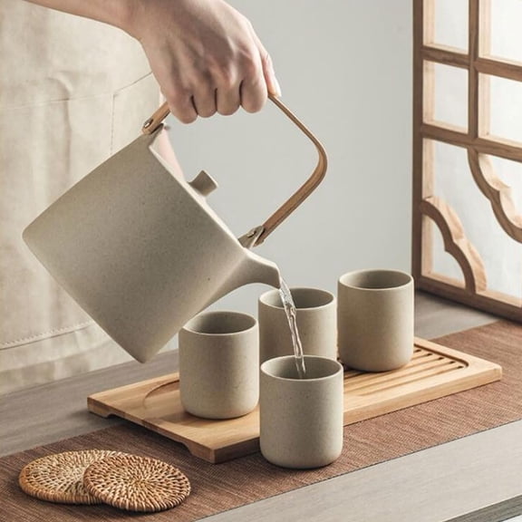 1000ml / 35.2oz LargeCapacity Ceramic Teapot, Portable Tea Kettle with Wooden Lifting Handle for Home Afternoon Tea & Family Gathering