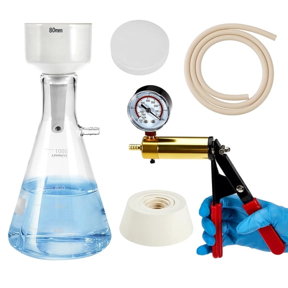 FOUR E's Scientific 1000ml Buchner Funnel Filtering Kit with Hand Vacuum Pump, 1L Vacuum Flask, Vacuum Tube, Rubber Stoppers Set and 100Pcs Filter Paper