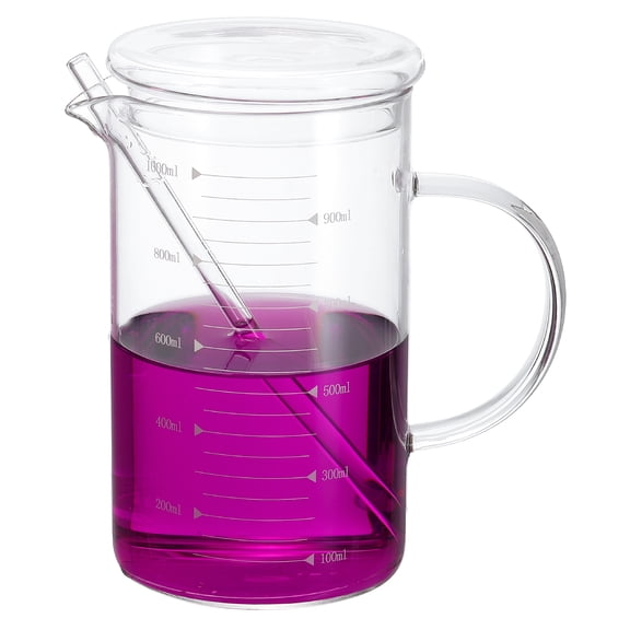 1000ml Glass Measuring Cup, Borosilicate Glass Beaker Graduated Liquid Measure Cups with Glass-Lid Straw V-Shaped Spout for Kitchen Drinking Restaurant, White Printed Scale