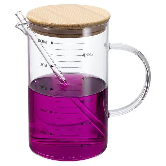 1000ml Glass Measuring Cup, Borosilicate Glass Beaker Graduated Liquid Measure Cups with Wood Lid Straw V-Shaped Spout for Kitchen Drinking Restaurant, Black Printed Scale