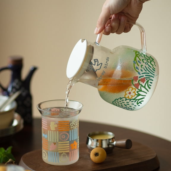 1000ml Glass Water Pitcher With Handle Bird Floral Pattern Decorative Tea Carafe For Dining Table