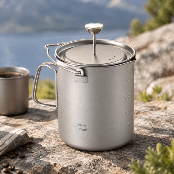 1000ml Titanium Coffee Press Pot with Lid and Filter for Camping Hiking