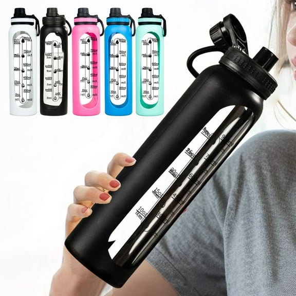 1000ml Transparent Glass Scale Water Cup | Large Capacity Sports Drink Mug with Handle | Hot & Cold Temperature Resistant | Black/White/Pink/Blue/Mint | 11.81x3.15in