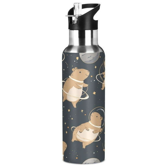 1000ml Vacuum Insulated Sports Water Bottle with Foldable Straw Stainless Steel Portable Thermos Cup Capybara Astronauts