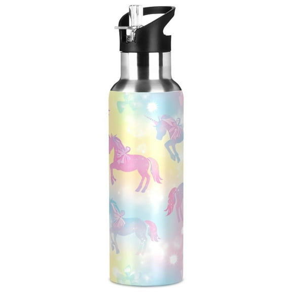 1000ml Vacuum Insulated Sports Water Bottle with Foldable Straw Stainless Steel Portable Thermos Cup Pastel Unicorns and Bows