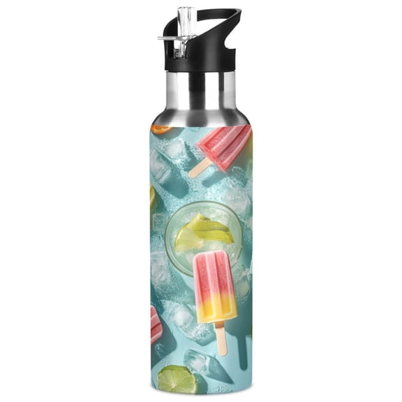 1000ml Vacuum Insulated Sports Water Bottle with Foldable Straw Stainless Steel Portable Thermos Cup Popsicles and Fruit Slices