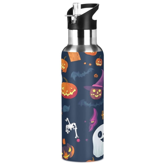 1000ml Vacuum Insulated Sports Water Bottle with Foldable Straw Stainless Steel Portable Thermos Cup Purple Cute Halloween Icon