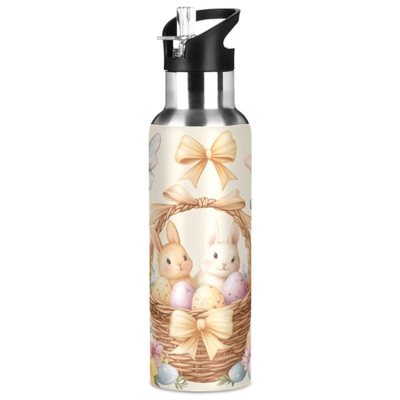 1000ml Vacuum Insulated Sports Water Bottle with Foldable Straw Stainless Steel Portable Thermos Cup Watercolor Easter Clipart