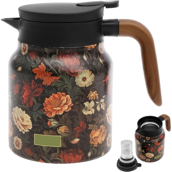 1000ml Vintage Floral Pattern Tea, Thermal Tea Pot with Handle and Built in Infuser, Stainless Steel Insulated Tea Kettle, Vacuum Coffee Carafe, Flower Pattern Insulated Infuser Pot(Black)