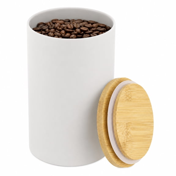 Ceramic Coffee Canister, 33.8 oz / 1000 ml Airtight Food Storage Jar with Wood Lid, Kitchen Container for Coffee Beans, Pasta, Flour, Sugar, Spices, White