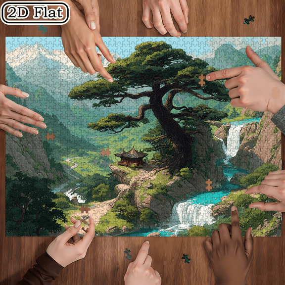 A 1000pcs Adult Mini Jigsaw Puzzle with a Pine Cliff and Hanging Waterfall Design - Scratch-resistant, High Difficulty, Suitable for Adults, Family Entertainment, DIY Home Decor, Halloween, Chri