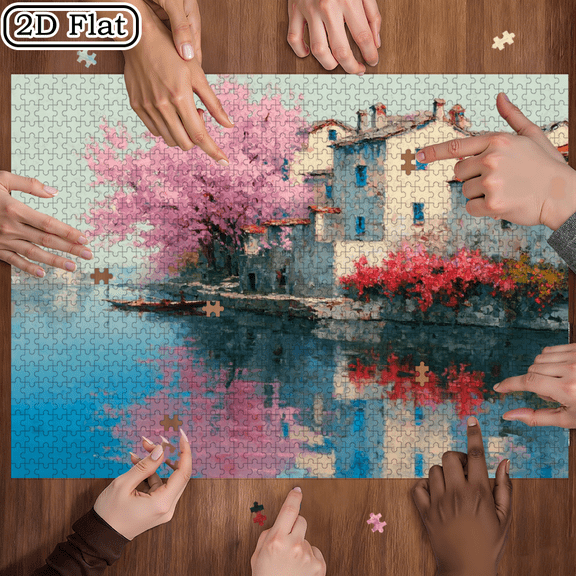 1000pcs Adult Mini Puzzle, Spring Lake Cherry Pavilion Jigsaw, Scratch Resistant Brain Teaser for Family Home Decor Gift