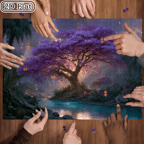 (1000pcs) Adult Mini Puzzles, Featuring Night Creek And Pink Tree Design - Scratch-Resistant, Challenging, Suitable for Adults, Family Entertainment, Home Decoration, Halloween, Christmas, And G