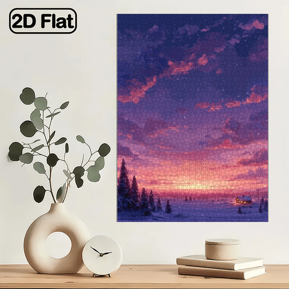 1000pcs Adult Puzzle Snow Dusk Stars, Warm Sun, Snowy Path, Pine Shadows, Shaking Windows, Village Lights, Thousands of Snowflakes.29.4*19.6 in