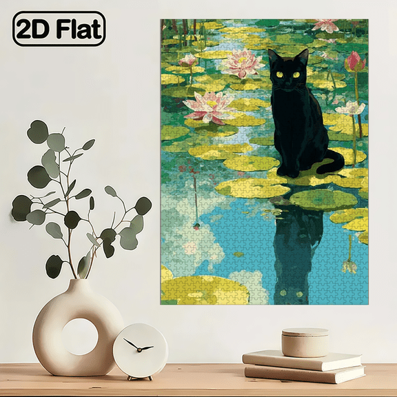 1000pcs Adult for jigsaw Puzzle Illustration Style Black on Lotus Leaves with Surrounding Lotus Flowers and Water Reflections Ideal for Holiday. 29.4*19.6 in