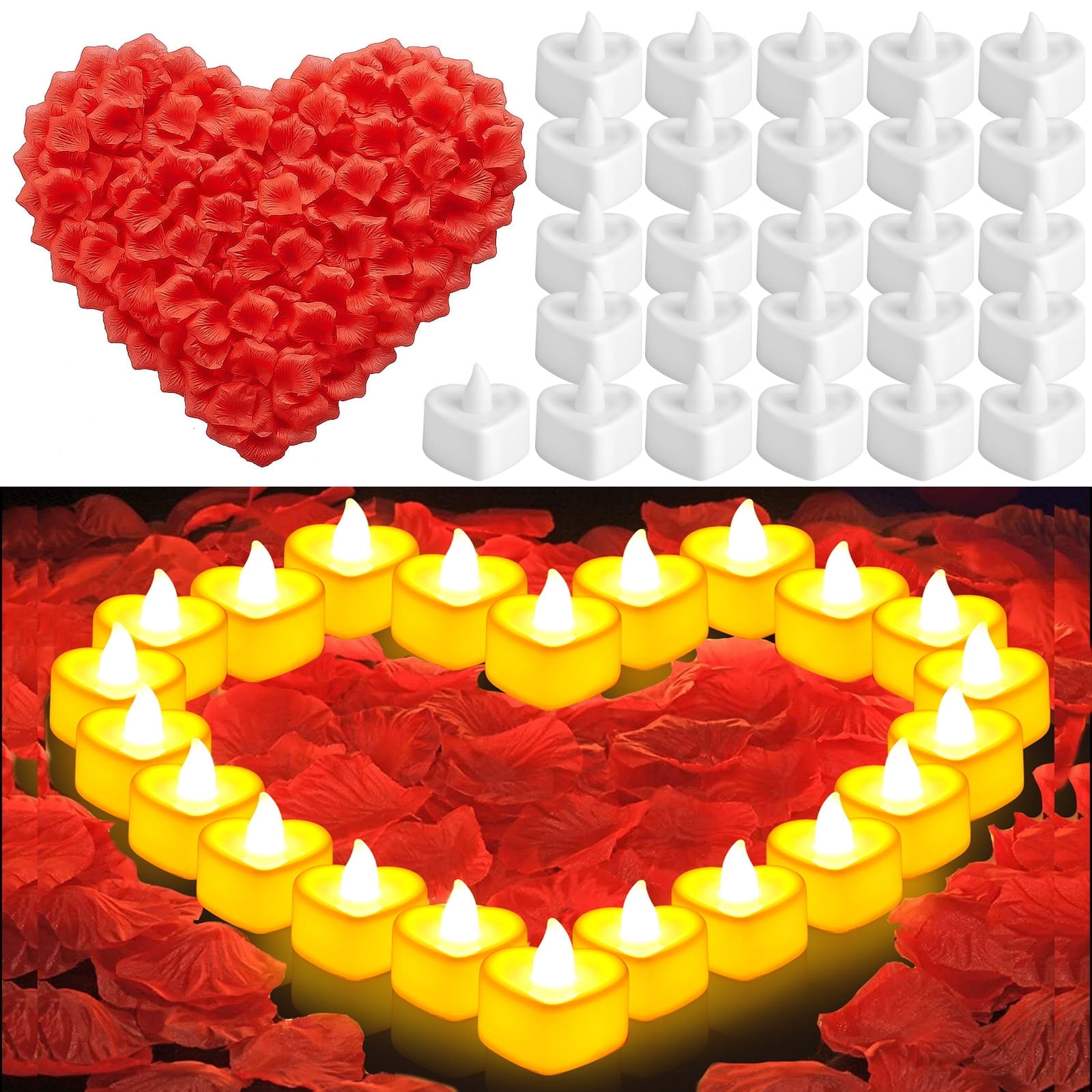 2000 Artificial Rose Petals + 24 LED Heart Flameless Candles – Romantic Decor Kit For Weddings, Anniversaries, Table Settings