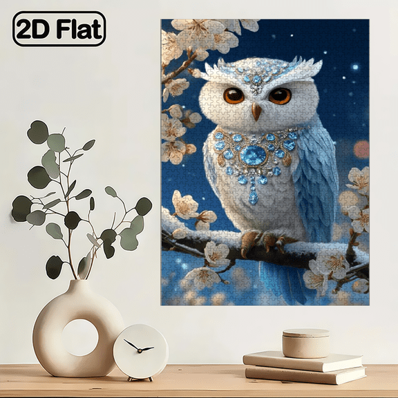 1000pcs Blue-Feathered Ice Crystal Owl Puzzle Adorned With Gemstones, Perched On Snowy Branches With White Petals And Star Lights. 29.4*19.6in