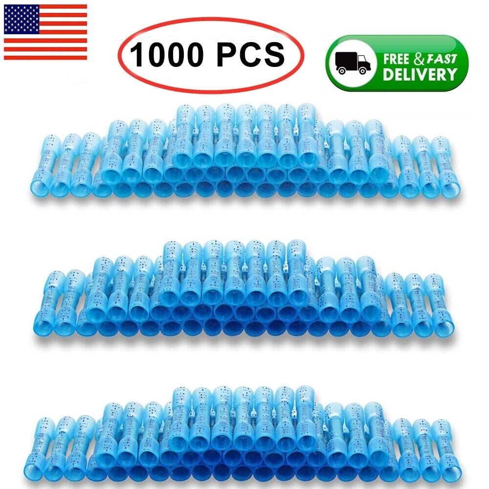 1000pcs Blue Heat Shrink Butt Wire Connectors Crimp Terminals 16-14 Ga Gauge AWG