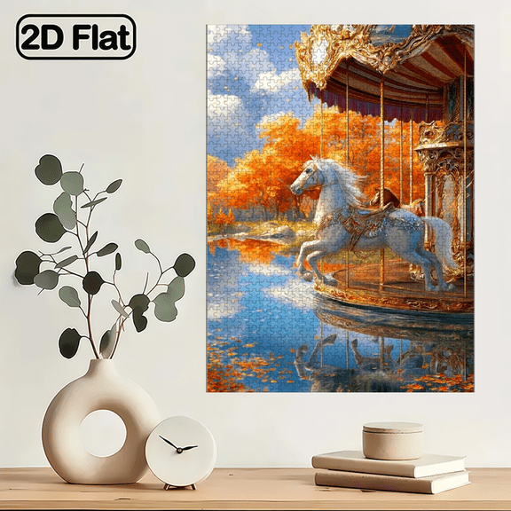 1000pcs Carousel Horse Puzzle 29.4*19.6 inches, Cardboard Material, Whimsical Autumn Scene, Portable, Stress-Relieving Educational.