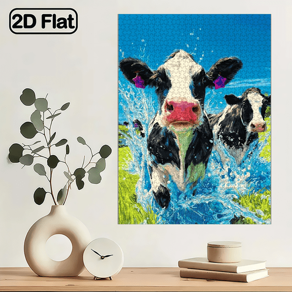 1000pcs Cartoon Cow Puzzle 29.4*19.6 Inches Cardboard Jigsaw, Portable Game for Couple, Family Gamer, Stress-Relieving Brain-Teasing.