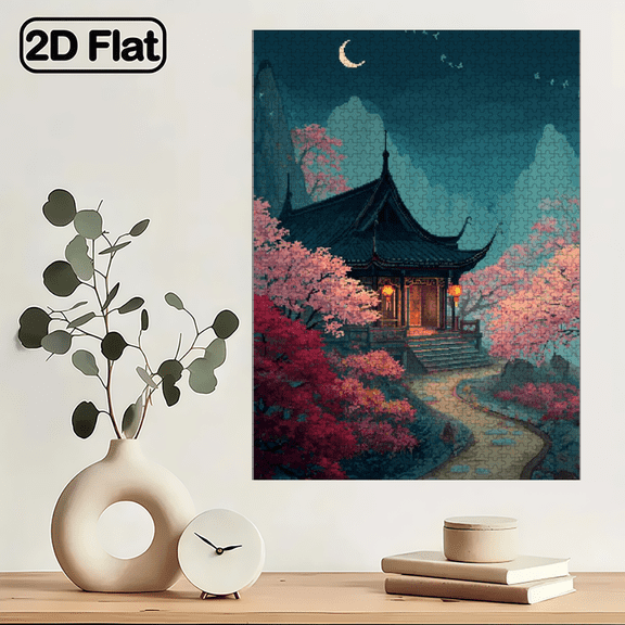 1000pcs Cherry Blossom Kyoto Night Sky Puzzle - Large Challenge with Illuminated Pagoda, Stone Path Flying Birds, Educational Relaxing Brain Teaser Families. 29.4*19.6 in