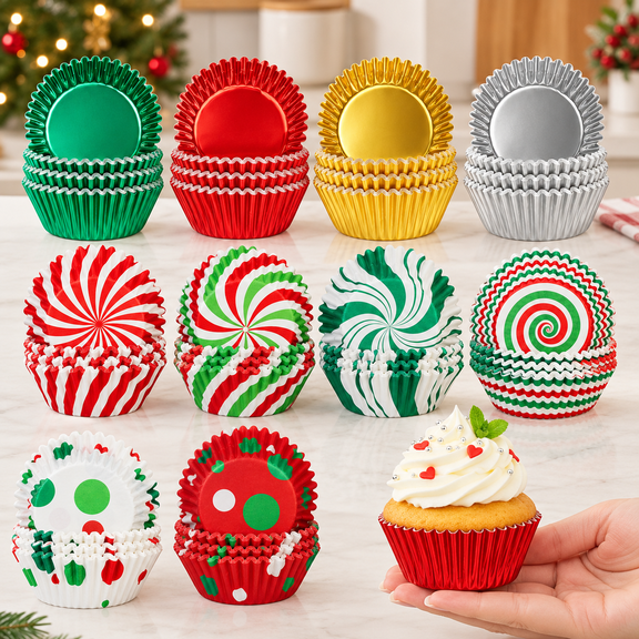 1000pcs Christmas Cupcake Liners Foil Baking Cups Muffin Cupcakes Wrappers Disposable Chocolate Cake Wrap Making Supplies for Holiday Xmas Party Supplies Decorations