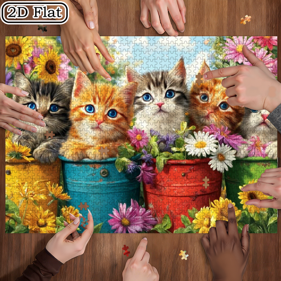 1000pcs Cute Kitten in Flower Pot Garden Puzzle - Adult Challenge Level with Colors, Portable Rectangular Picture for family Bonding Activity. 29.4*19.6in