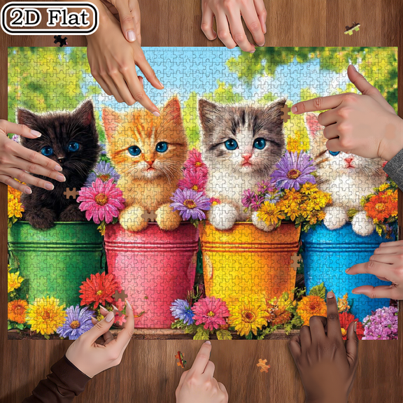 1000pcs Cute Kitten Flower Pot Puzzle Game Suitable for Family Matching, Holiday Activity - Challenging Decorative Gift. for Music Festival and Wedding Season, Interactive Game Nights.