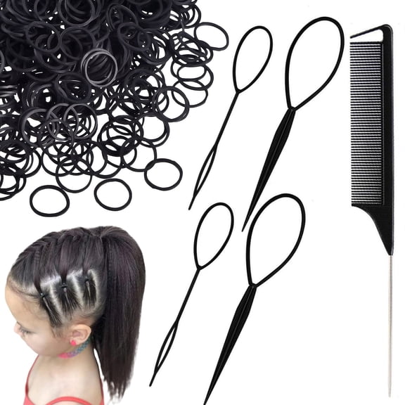 1000pcs Elastic Hair Rubber Bands with Hair Tail Tools Set 1000pcs Rubber Hair Ties Soft Elastics Ties for Girls Kid And Women,4pcs Topsy Tail Hair Tools and 1Pcs Rat Tail Comb for Hair Styling