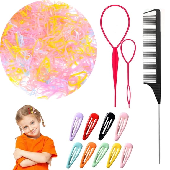 1000pcs Elastic Hair Rubber Bands Set 1000pcs Rubber Hair Ties for Girls Kids And Women,2pcs Topsy Tail Hair Tools,8Pcs Snap Hair Clips and 1Pcs Rat Tail Comb for Hair Styling
