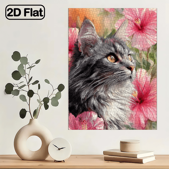 1000pcs Fluffy Cat Hibiscus Flower Art Paper Jigsaw Puzzle 50X70Cm/19.6X29.4 Inches, Unframed 2D Flat Design, Ideal for Home Decoration, Perfect for Living Room, Bedroom, Study Room, Balcony Decor