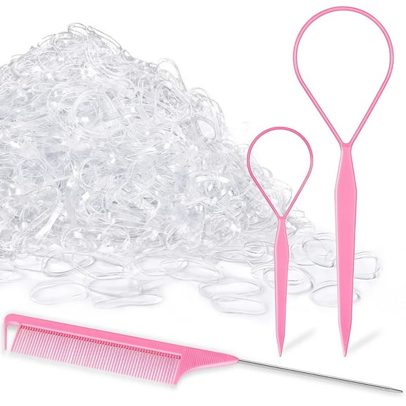 1000pcs Hair Elastic Bands Set with Hair Loop Styling Tool, French Braid Tool, and Rat Tail Comb - Pink