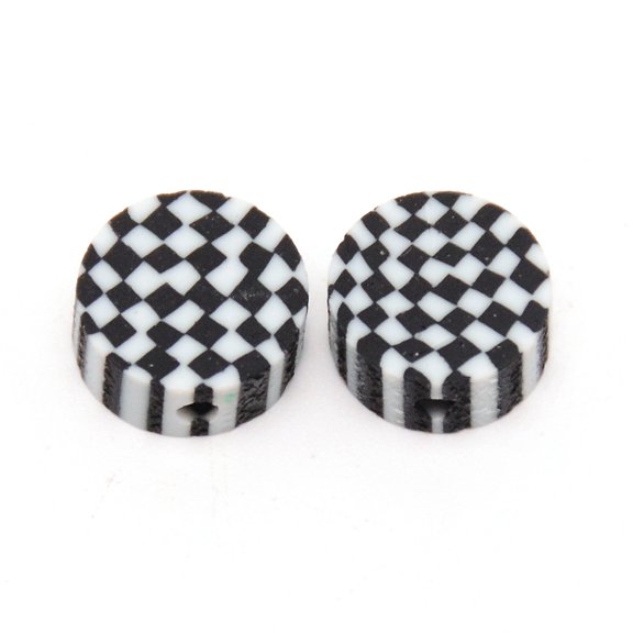 1000pcs Handmade Polymer Clay Bead Flat Round with Plaid Pattern Black 8.5~9x4.5mm Hole: 2mm