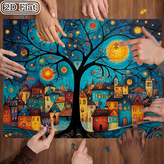 1000pcs Hell-Level Mini Rectangular Puzzle - Whimsical Village Starry Night Sky Design, 74.9x49.9in, Durable Thick Paper, Portable DIY Art Decor, Perfect Gift for Holiday, Interactive Game Nights.