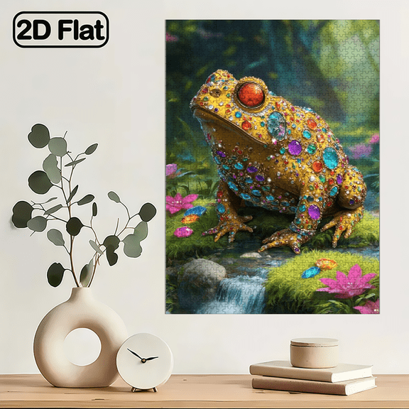1000pcs Jeweled Frog Stream Puzzle with Jewels - Magical Enchanted Forest DIY Building, Challenging Advanced Puzzle Suitable for Families Gamers. 29.4*19.6 in